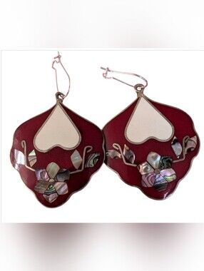 Vtg Mexican Alpaca Silver Earrings, Red Enamel Abalone Shell Flower Heart Inlay